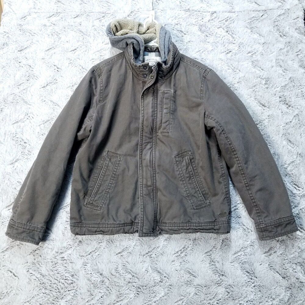 American Eagle Bomber Jacket Corduroy Mens Large Brown Hooded Full Zip